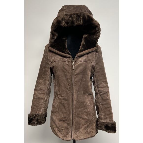Vintage Suede Leather Penny Lane Coat Chocolate Brown Small Womens Glam Faux Fur - Picture 1 of 15